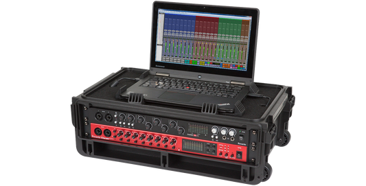 Lightweight 2U Rack Case with laptop and rack gear, featuring TSA-friendly locks and molded design for mobile audio professionals.