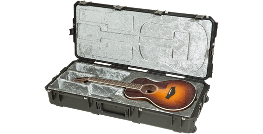 Durable iSeries Waterproof Guitar Case open with acoustic guitar inside; watertight seal and molded interior for maximum protection.