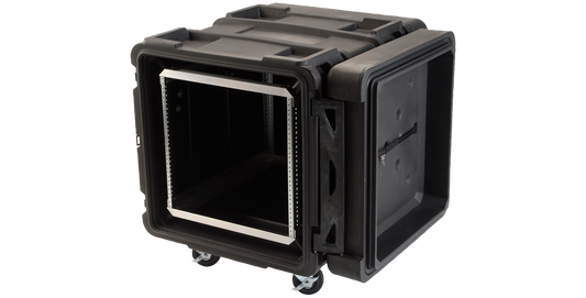 Angled view of 24-Inch Shock Rack Case with open lid, highlighting lightweight design and internal rackmount frame for pro-audio or server gear.