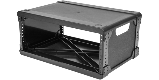 Angled view of 4U Injection Molded 13” Rack Frame showing lightweight, stackable flyRack design with reinforced corners and side handles.