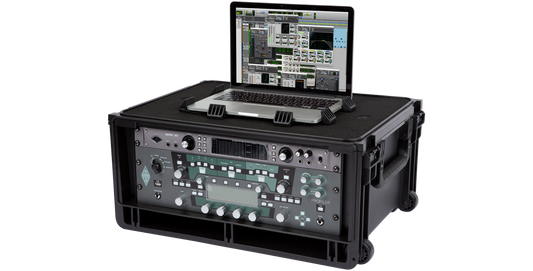 Durable 4U Injection Molded Studio Rack Case with mounted rack equipment and laptop tray, perfect for mobile audio production.