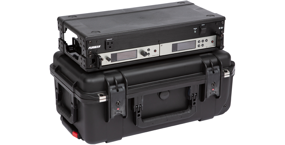 2U iSeries Shallow Fly Rack - Compact & Durable flyRack with 9-inch depth, shown with mounted audio gear, ideal for travel and TSA-approved use.