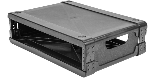 Angled side view of 2U injection molded flyRack with integrated handle cutout, ideal for custom pro-audio or vacuum accessory setups.