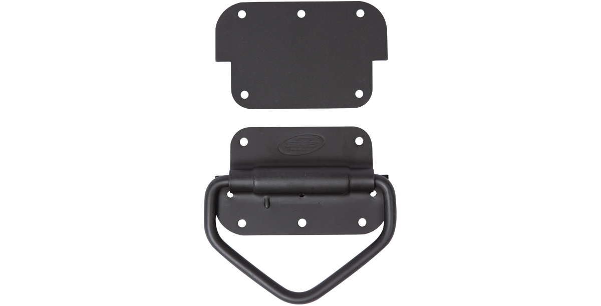 Metal lifting ring with back plate for secure lift support, featuring a sturdy black finish. Ideal accessory for rack and single-lid pro audio cases.