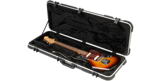 Open Fender Jazzmaster Guitar Case showing plush interior and sunburst electric guitar, ideal for travel and protection.