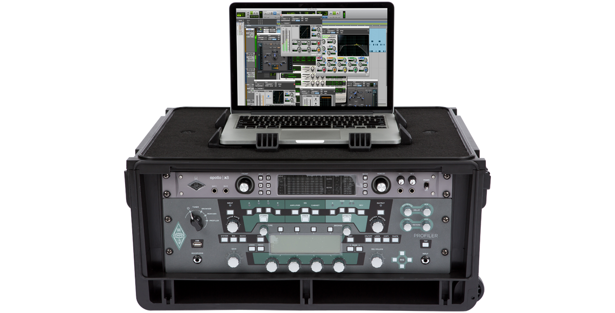 4U Studio Rack Case - Injection Molded with mounted audio gear and laptop on top, ideal for secure and portable studio setups.