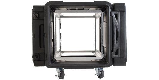 Front-facing view of 30-Inch rSeries Shock Rack showing internal aluminum rackmount frame and MIL-SPEC sealed case for deep servers.
