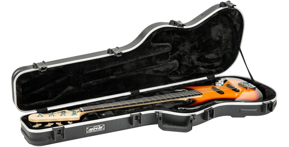 Precision Jazz Bass Case - TSA Lock Protection open with bass guitar inside, highlighting snug fit and plush interior for safe transport.
