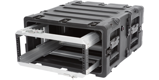 Angled open view of 4U 20-Inch Shock Rack Case with extended aluminum rack rails, designed for lightweight, dustproof electronics protection.
