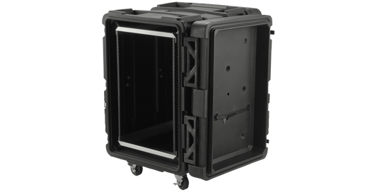Angled open view of 24-Inch Shock Rack - rSeries 16U showing deep interior and steel rails for secure rackmount installation.