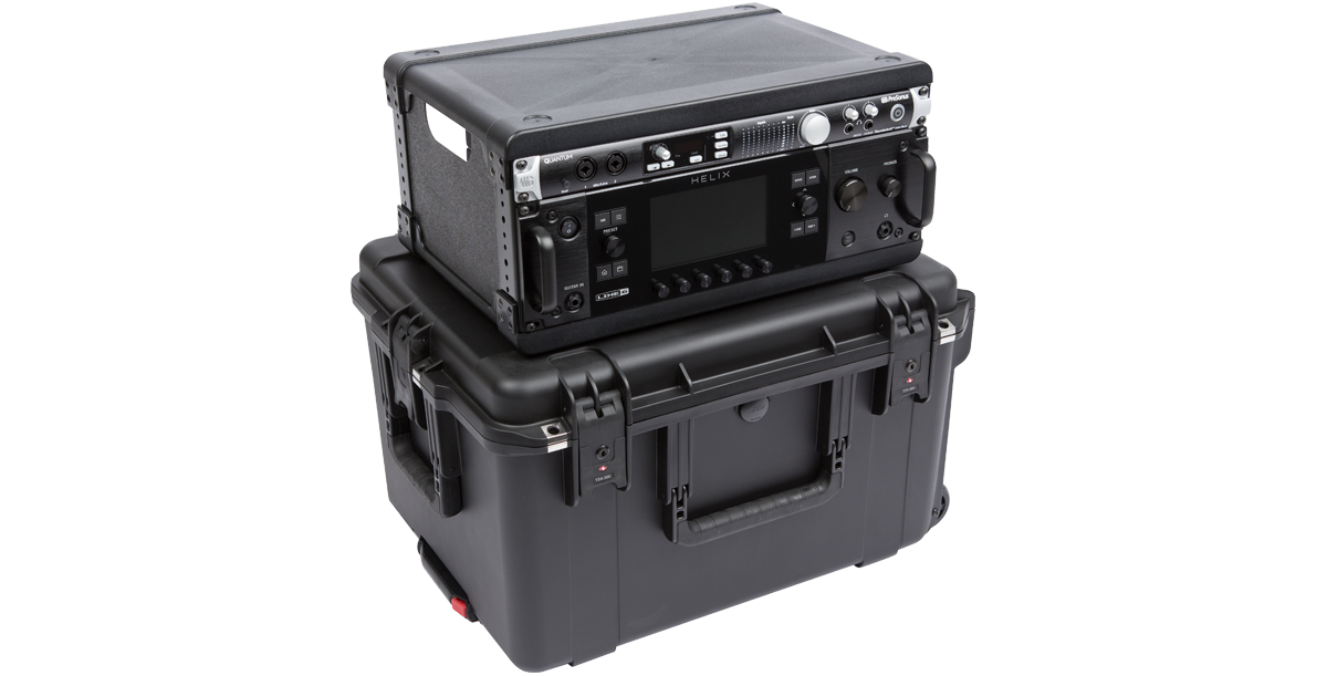 iSeries Fly Racks waterproof case with Helix gear, showcasing rugged build, TSA latches, and shock-absorbing rack for audio transport.