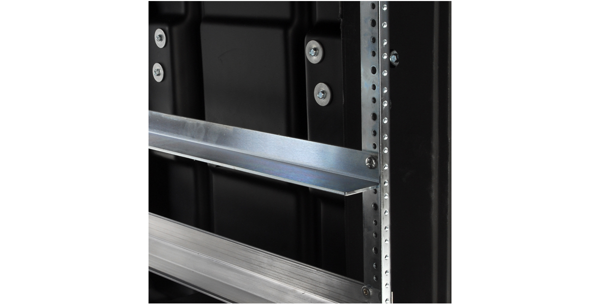 Durable 24 Inch Support Rails mounted inside a 24" shock rack, zinc plated steel for robust weight support in rack cases.