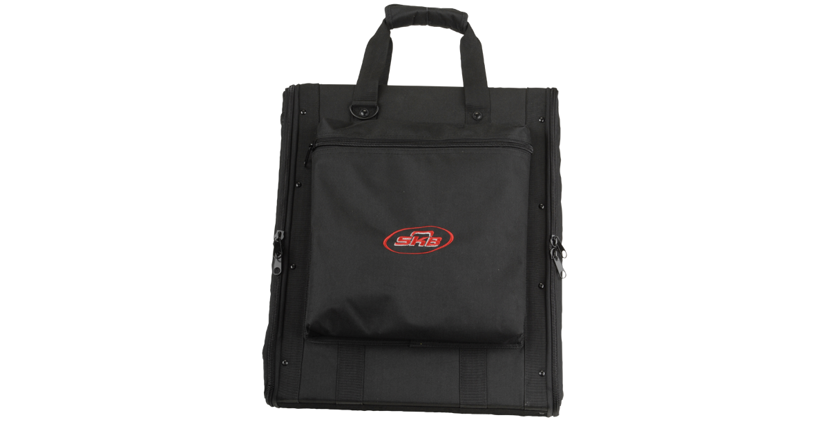 Front view of 1U Soft Rack Case with SKB logo, featuring durable fabric, padded handle, and accessory pouch for microphones.