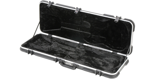 Electric guitar case for Strat and Tele models, featuring a contoured black velvet interior and durable locking latches for secure travel.