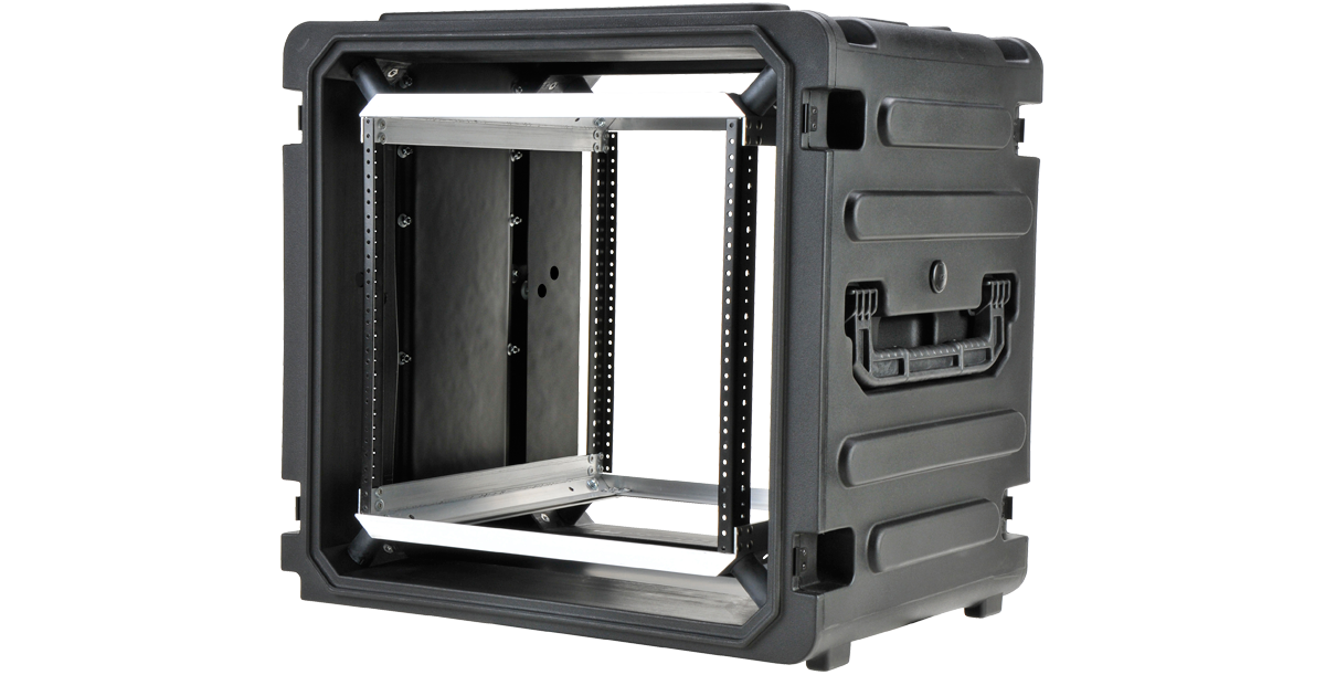 Angled view of 20-Inch Rolling Shock Rack Case displaying open front, internal rack rails, and durable molded shell for pro-audio equipment.