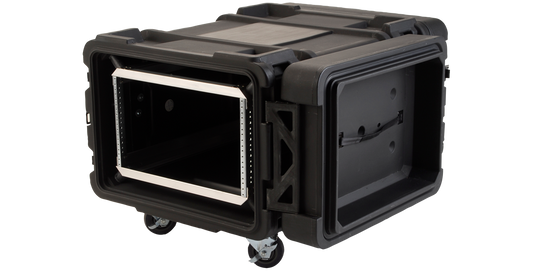 Angled open view of 30-inch 6U Deep rSeries Shock Rack Case, featuring MIL-SPEC sealing and durable construction for IT equipment transport.