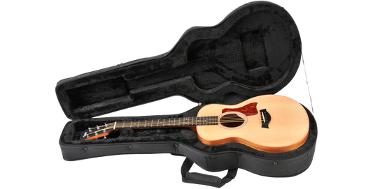 Lightweight protective case for GS Mini with Taylor GS Mini guitar, showcasing padded interior and contoured design for acoustic guitar safety.