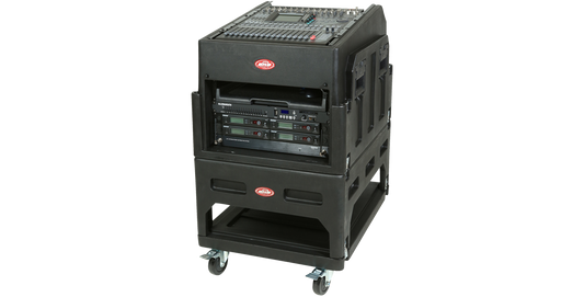 Mighty GigRig - Rolling Rack System featuring 14U steel rails and locking casters, shown with mounted audio equipment and mixer.
