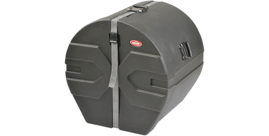 Angled side view of 18 x 22 padded bass drum case featuring rugged roto-molded design and secure strap closure for easy transport.