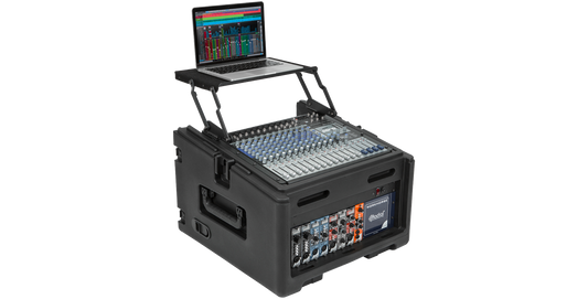 Travel-ready rolling compact rig featuring 10U mixer, 4U rack, and laptop tray with DAW interface. Perfect for mobile audio professionals.