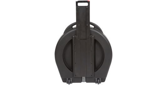 Rolling Cymbal Vault with extended pull handle for easy transport, featuring durable molded construction and smooth-rolling wheels.
