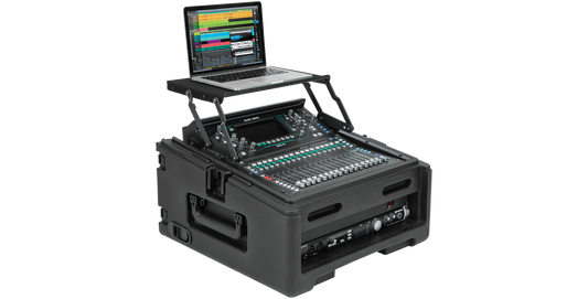 Rolling Compact Rig Case featuring 10U top and 2U rack rails, equipped with mixer and laptop running audio software.