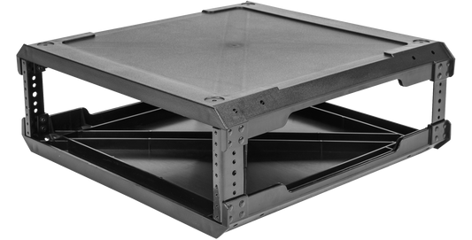 Angled view of lightweight 3U flyRack frame with durable injection molded design and steel rack rails for secure audio gear mounting.