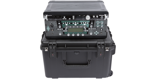 iSeries Fly Racks waterproof case featuring a mounted Kemper Profiler, ideal for secure transport of pro audio equipment with TSA latches.