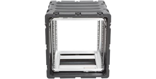 Front-facing view of 20-inch 11U shockproof rack, ideal for safeguarding electronic equipment with reinforced corners and watertight design.