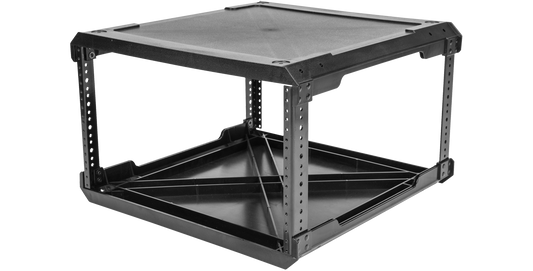 Angled view of 6U injection molded rack frame with steel rails, ideal for flyRack modular setups in pro audio or studio environments.