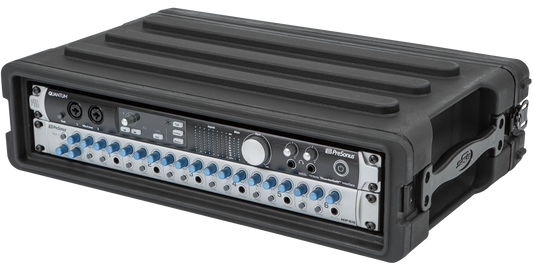 Angled view of 2U rSeries SKB Shallow Rack - Strong & Durable with audio gear installed, showcasing rugged molded design and steel rails.