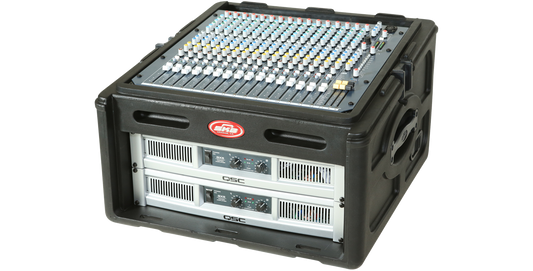 10U Slanted Compact Rack Case featuring a mounted mixer and QSC amplifiers, designed for DJ and pro-audio rack configurations.