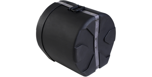 Angled view of 14 x 14 drum case showing rugged roto-molded design and reinforced strap for maximum drum protection and easy handling.