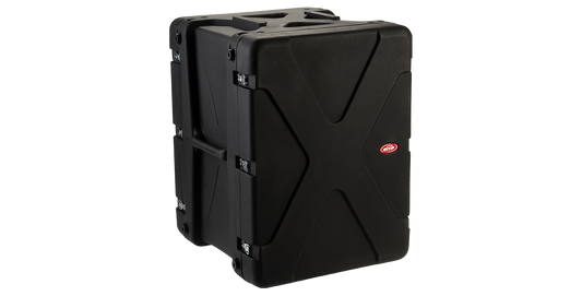 Closed 20-inch shock rack case with durable black exterior and reinforced corners, ideal for transporting rackmount electronics safely.