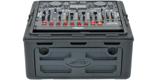 Front view of compact 10 x 2 rack case housing DJ mixer, ideal for pro audio setups with rugged design and TSA-approved locking system.