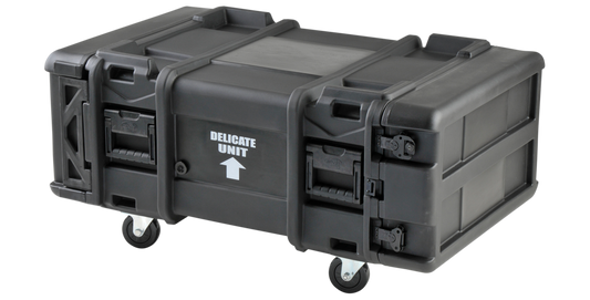 Closed 4U 28-Inch rSeries Rack with rugged exterior, labeled 'Delicate Unit,' mounted on wheels for mobility and secure transport of IT equipment.