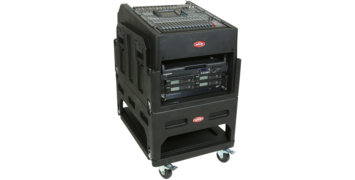 Fully assembled Mighty GigRig Rolling Rack System with mounted mixer and rack gear, ideal for mobile audio setups and studio use.