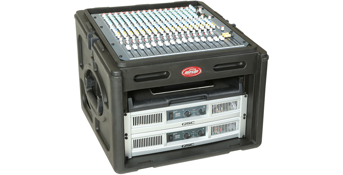 Pro-audio Compact Rack Case with steel rails and TSA locks, shown with mounted mixer and amplifiers for DJ and live sound setups.