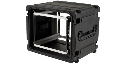 Angled open view of 20-inch Rolling Shock Rack showing internal shock-mounted frame and molded handles for easy transport.