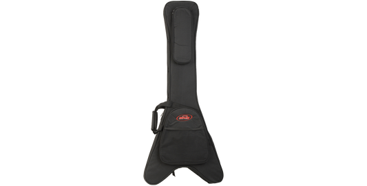 Flying V guitar case featuring a front storage pocket and padded handle, designed for lightweight and secure guitar transport.