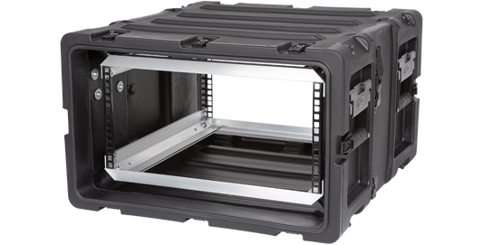 Angled front-left view of 5U 20-inch SKB Shock Rack showing lightweight, shockproof design with secure latches and handles.