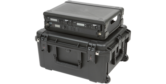 Angled view of 2U Wireless Mic Fly Rack on durable rolling case, ideal for secure wireless mic transport and storage.