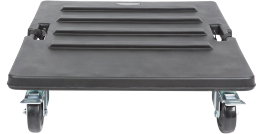 Front view of shock rack caster platform featuring rugged design and four caster wheels for transporting rack cases.