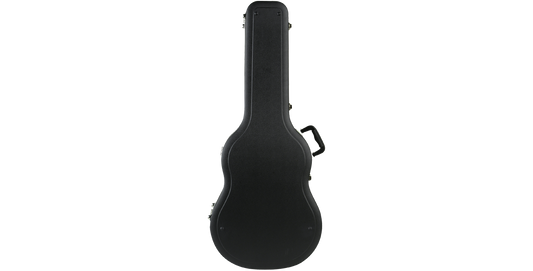 Closed SKB Economy acoustic guitar case in black, designed for durable protection with molded exterior and handle.