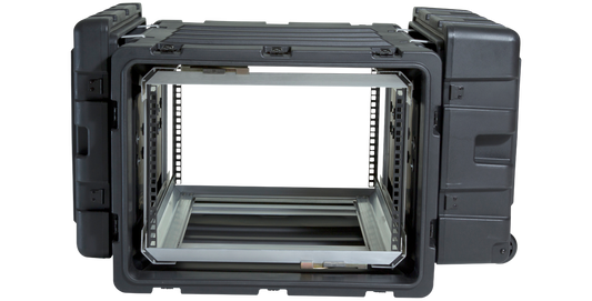 Front-facing view of 7U Shock Rack - 24-Inch Deep, highlighting internal rack rails and durable shock-absorbing suspension system.