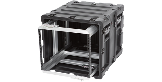 Angled view of 20-inch shock rack case highlighting rugged exterior and internal shock-absorbing frame for electronic equipment protection.