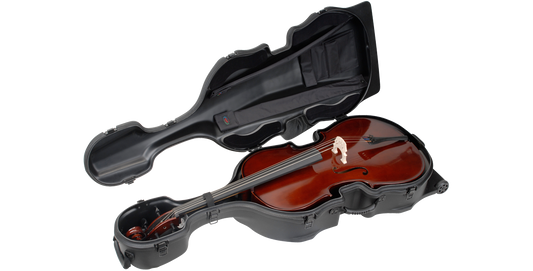 Open 4/4 Cello Case showing interior with padded compartments, bow holders, and a full-size cello securely fitted inside.