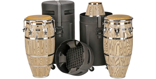 Universal Conga Case with Wheels shown with multiple conga drums, highlighting its padded interior and secure fit for safe drum transport.