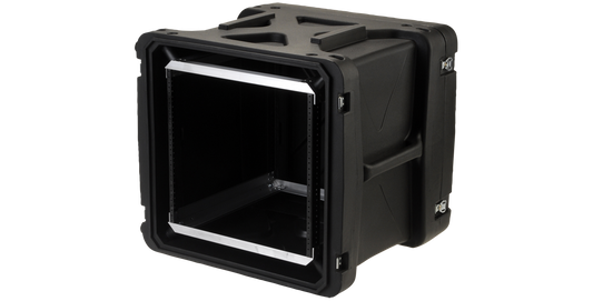 Angled open view of 20-inch Shock Rack - 10U Deep with reinforced corners and lightweight frame for IT and pro-audio equipment.