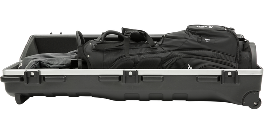 ATA Staff Pro XL Golf Travel Case open with black golf bag inside, showcasing spacious interior for club protection during travel.